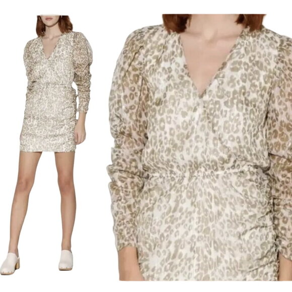 Walter Baker Deena Dress Surplice Faux Wrap Cream Tan Leopard Print NEW Womens L - Picture 3 of 11